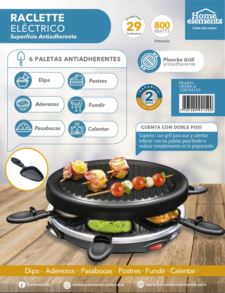 ASADOR RACLETTE ELECTRICO – GRILL HOME ELEMENTS HEERA-6 28CM800W   NEGRO