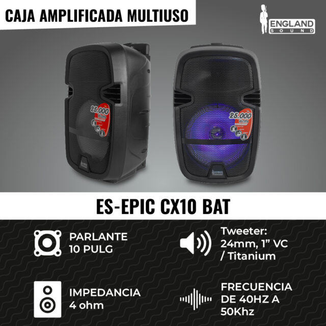CAJA AMPLIFICADA CON BATERÍA DE 10 PULG, 25.000 W, ENGLAND SOUND, ES-EPIC CX10 BAT