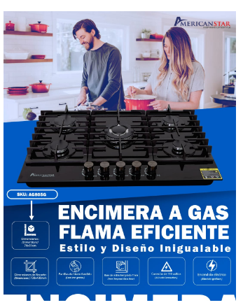 ENCIMERA AMERICAN STAR 5 HORNILLAS A GAS VIDRIO TEMPLADO AG805G
