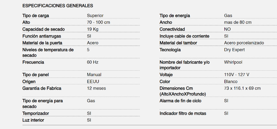 SECADORA A GAS WHIRLPOOL BLANCA 19KG  7MWGD1900EW