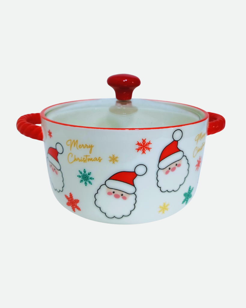 OLLA  NAVIDEÑA CERAMICA CON TAPA DE VIDRIO