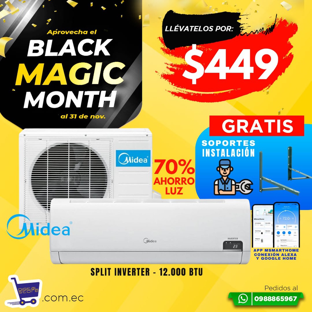 BLACK MAGIC SPLIT MIDEA 12.000BTU INVERTER + INSTALACION Y SOPORTE