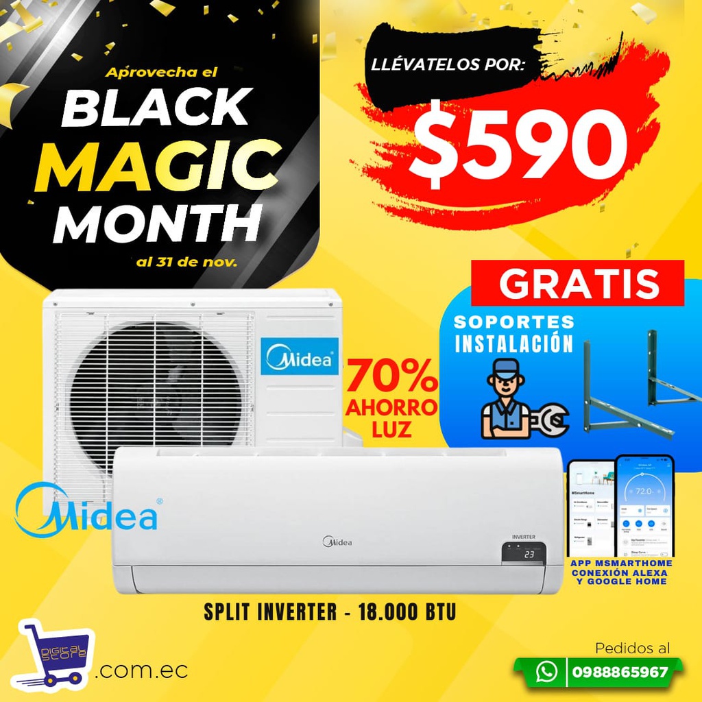 BLACK MAGIC SPLIT MIDEA 18.000BTU INVERTER + INSTALACION Y SOPORTE