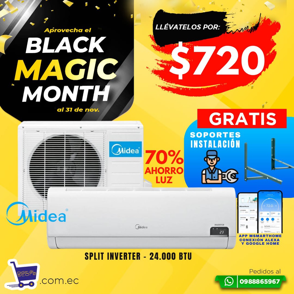 BLACK MAGIC SPLIT MIDEA 24.000BTU INVERTER + INSTALACION Y SOPORTE