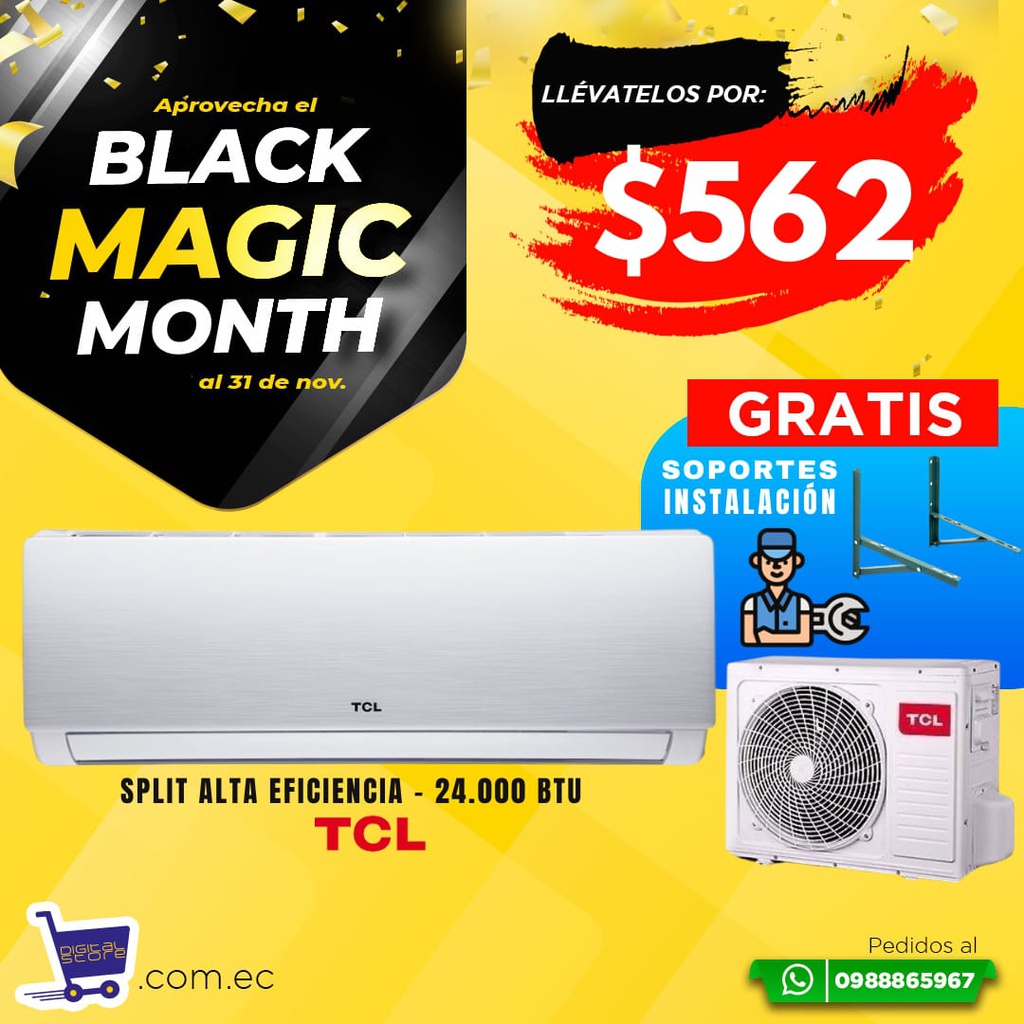 BLACK MAGIC SPLIT TCL 24.000BTU + INSTALACION Y SOPORTE