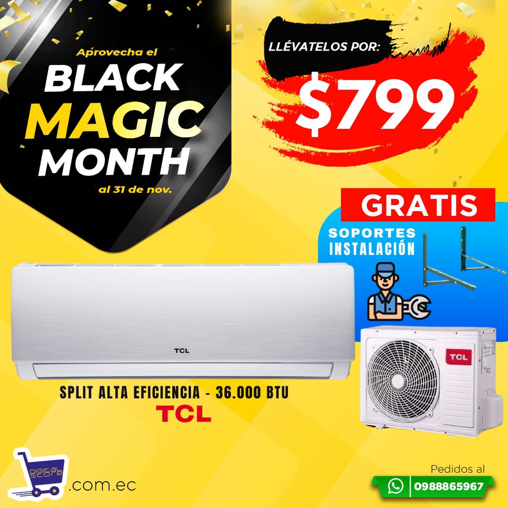 BLACK MAGIC SPLIT TCL 36.000BTU + INSTALACION Y SOPORTE