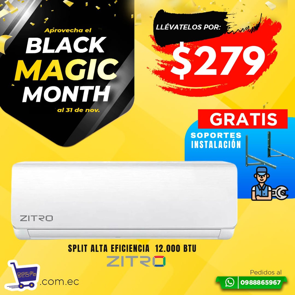 BLACK MAGIC SPLIT ZITRO 12.000BTU + INSTALACION Y SOPORTE