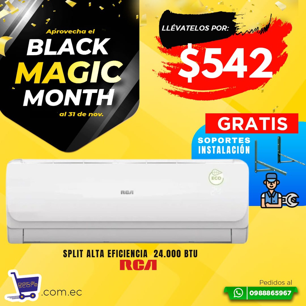 BLACK MAGIC SPLIT RCA 24.000BTU + INSTALACION Y SOPORTE