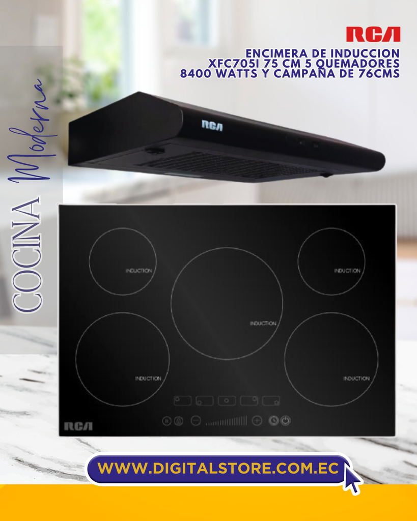 COMBO ENCIMERA RCA INDUCCION DE 5 HORNILLAS + CAMPANA RCA 76CM