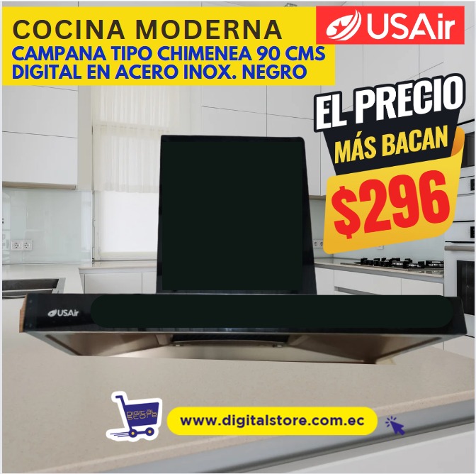CAMPANA USAIR 90CM TIPO CHIMENEA DIGITAL INOX NEGRA