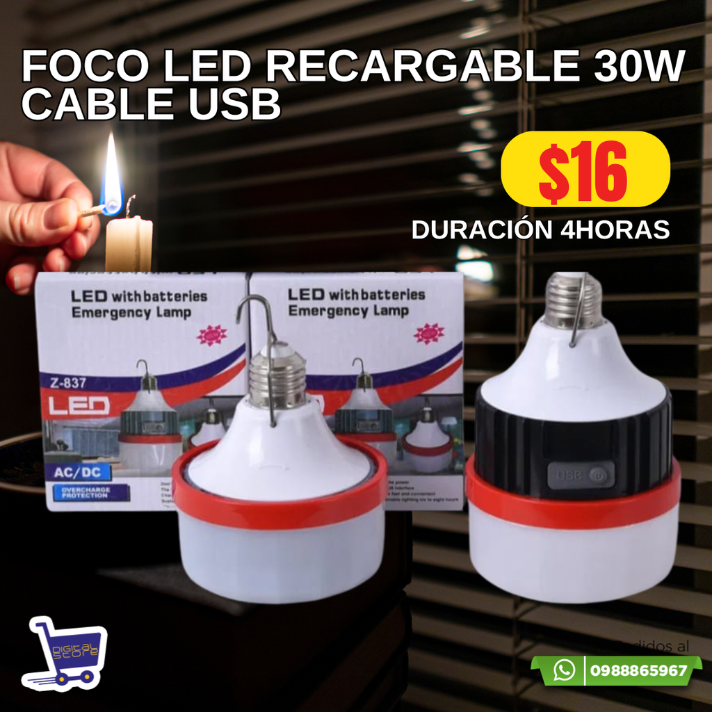 FOCO RECARGABLE 30W Z-837 DOBLE RECARGA BOQUILLA Y PUERTO USB