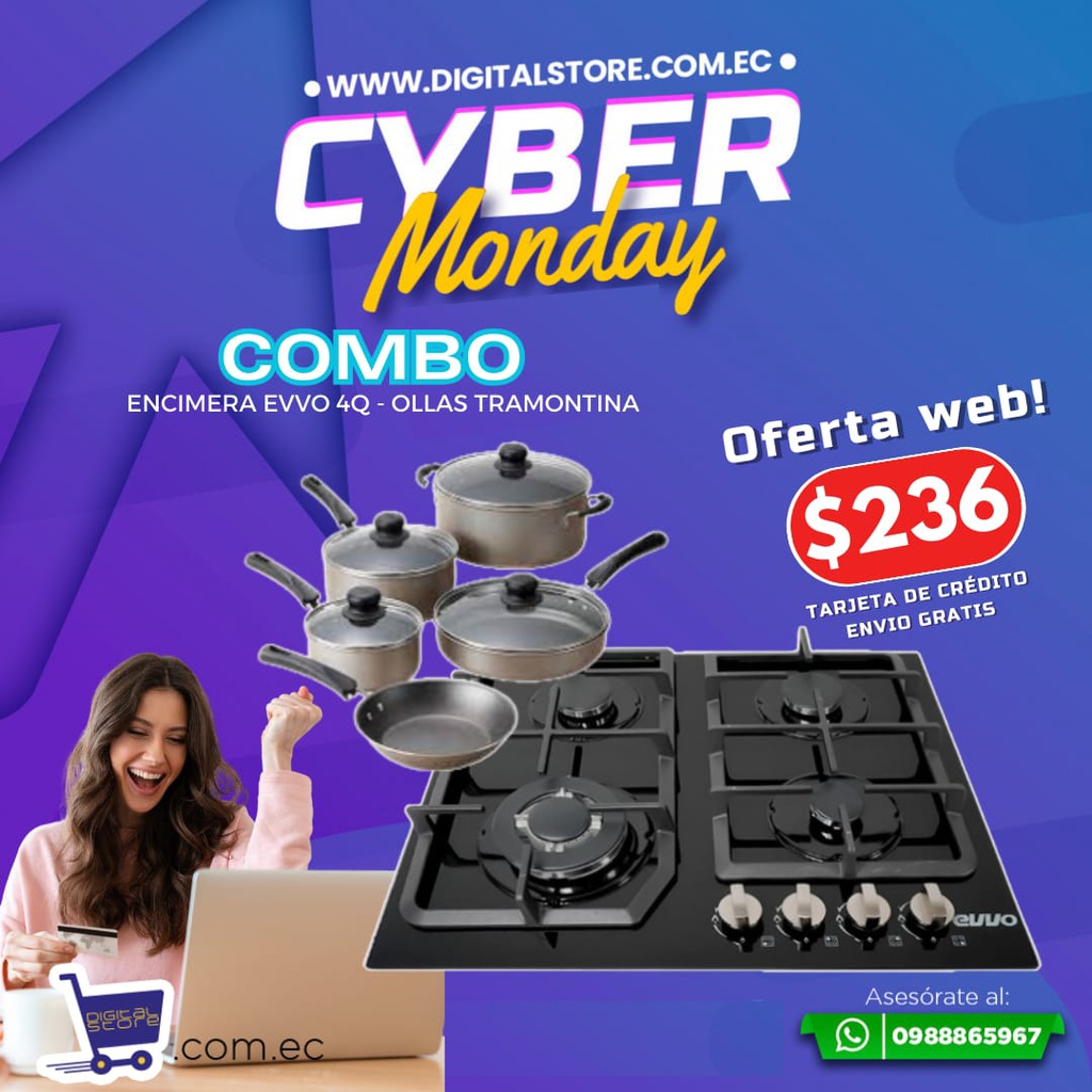 COMBO CYBER MONDAY ENCIMERA EVVO 4Q +OLLAS TRAMONTINA