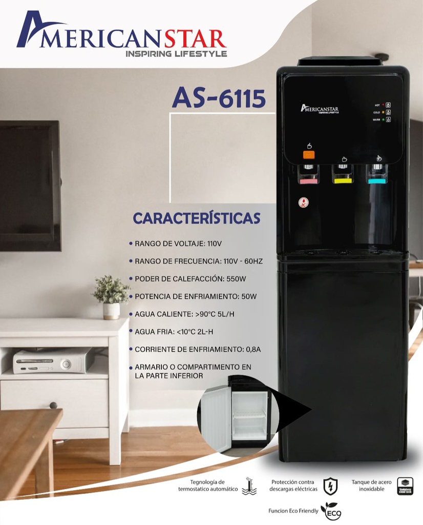 DISPENSADOR DE AGUA AMERICAN STAR CON GABINETE AS 6115 CALIENTE Y FRIA