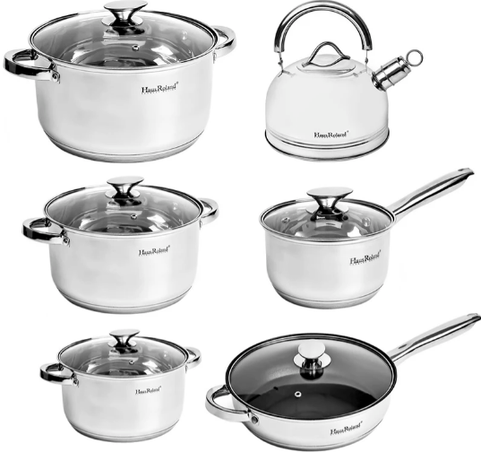 JUEGO DE OLLAS HAUS ROLAND ACERO INOX 12 PIEZAS S1501