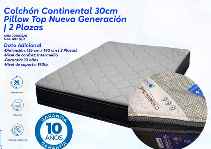 COLCHÓN CONTINENTAL PILLOW TOP NUEVA GENERACIÓN 2 PLAZAS REF: 20010520